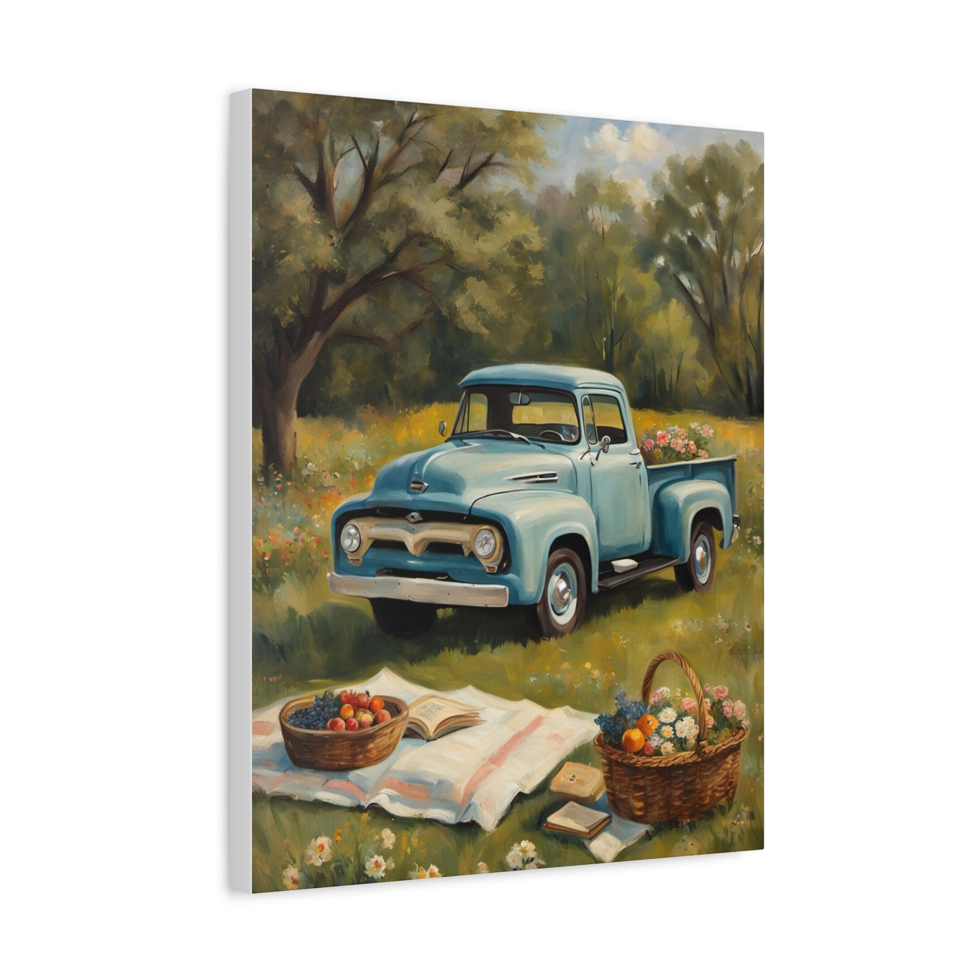Old Truck Canvas Art Print featuring a vintage blue truck in a floral field with picnic baskets