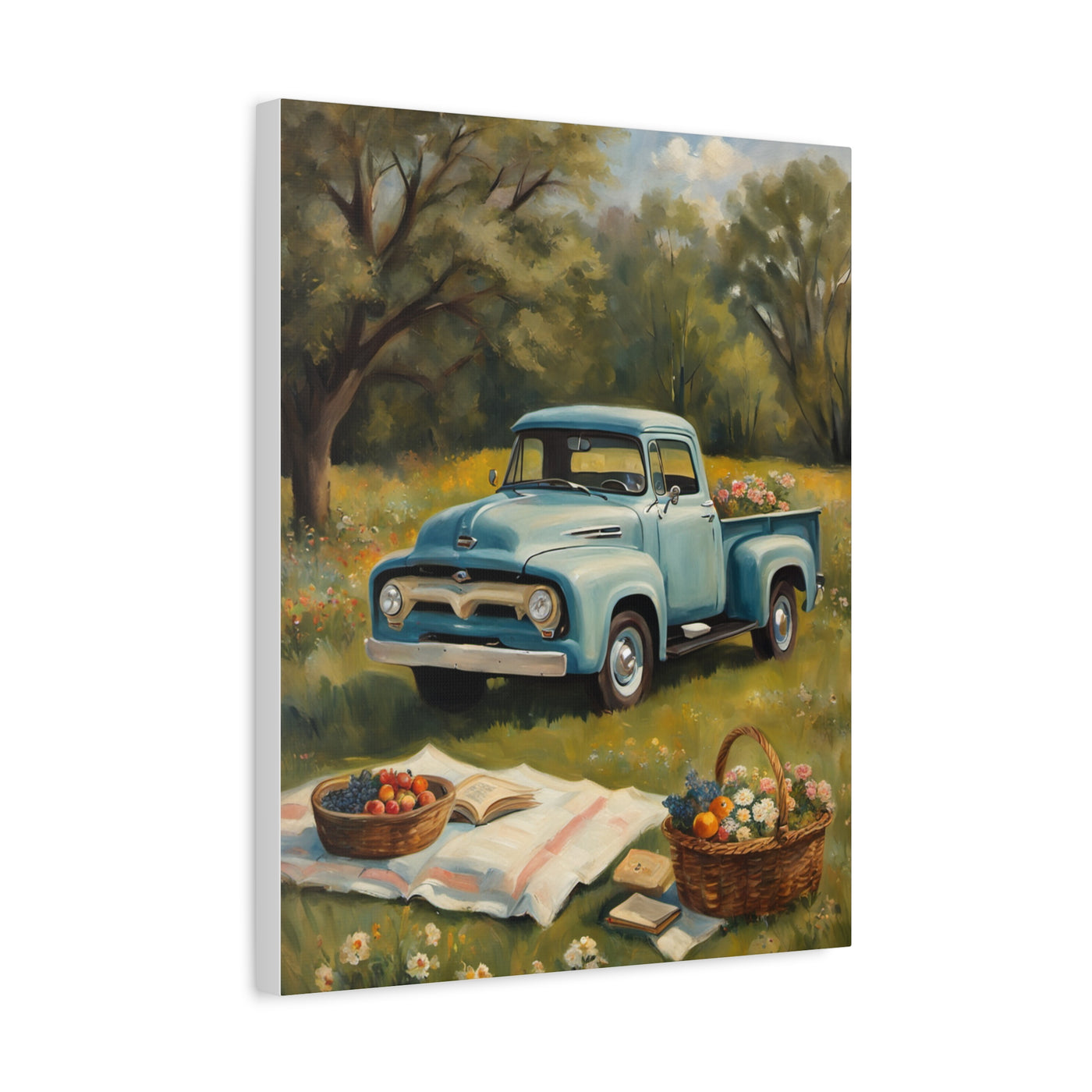 Old Truck Canvas Art Print featuring a vintage blue truck in a floral field with picnic baskets
