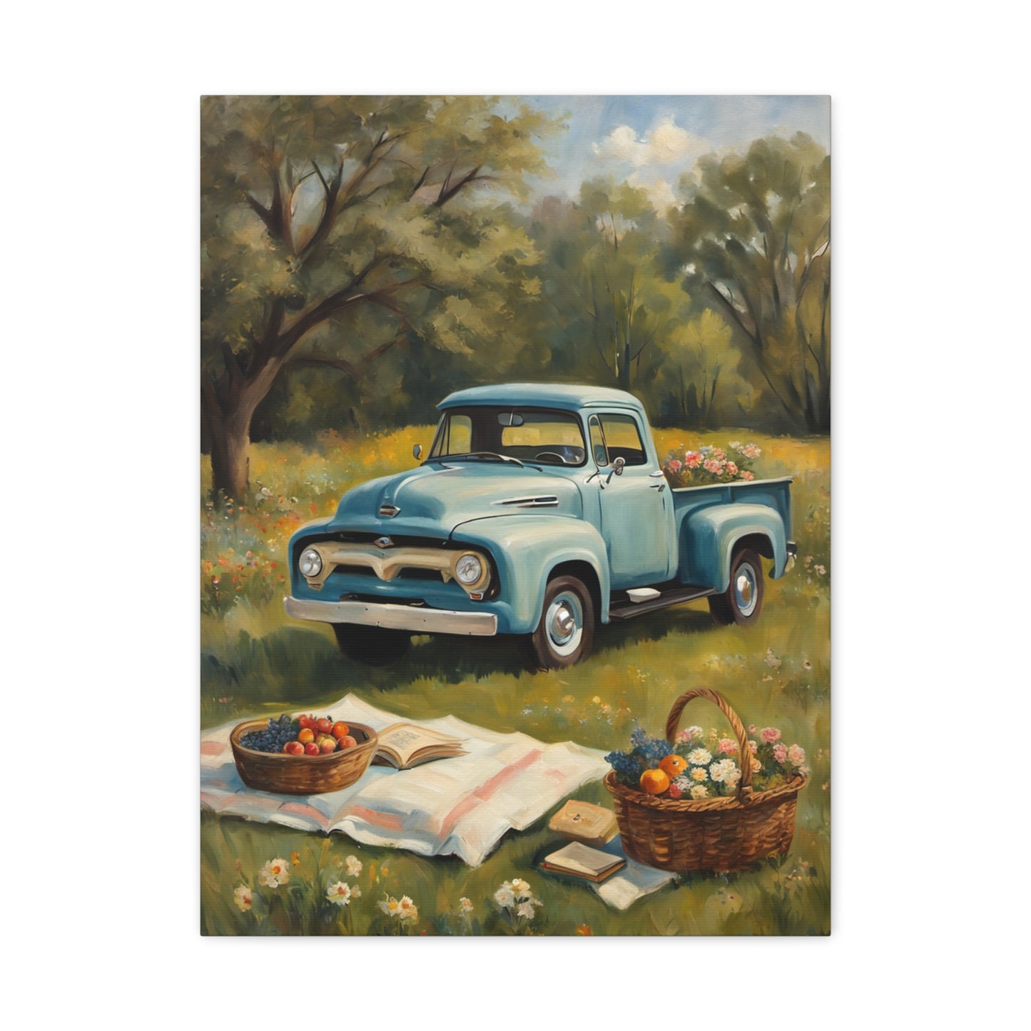 Old Truck Canvas Art Print featuring a vintage blue truck in a sunny meadow with picnic baskets