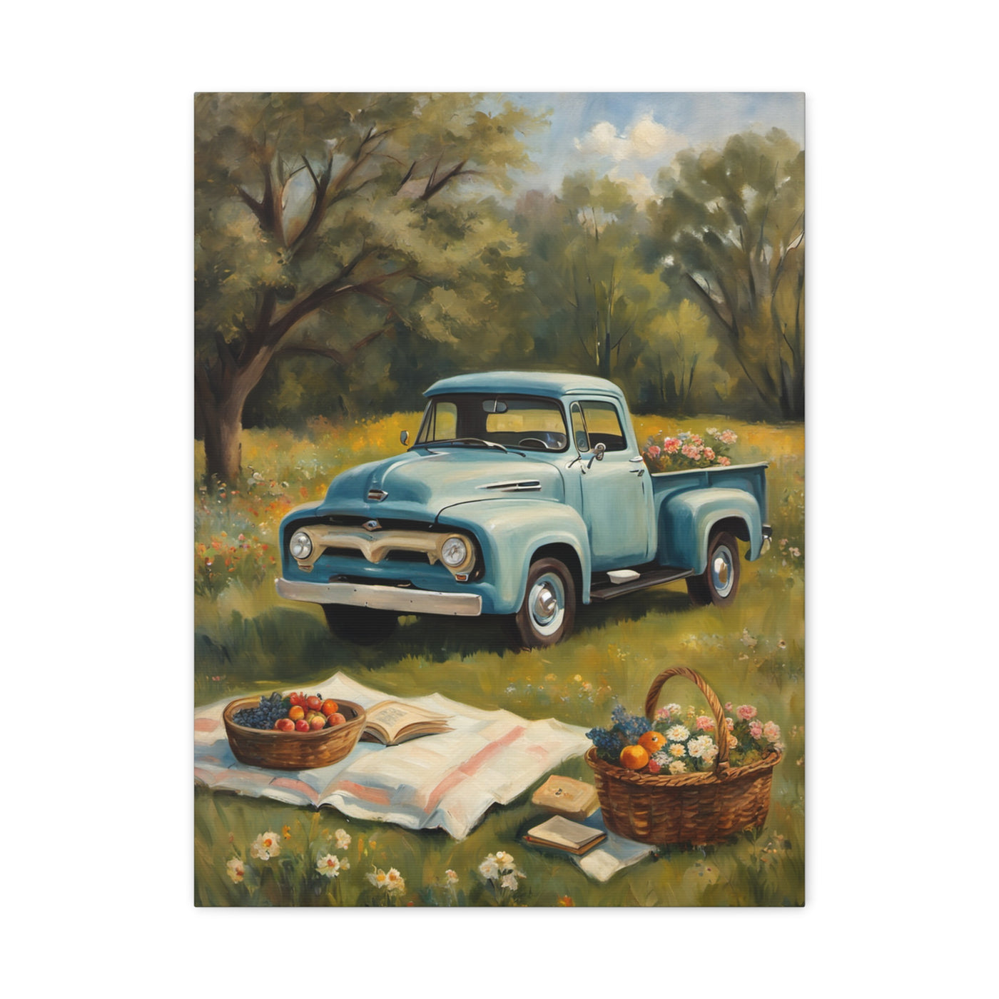 Old Truck Canvas Art Print featuring a vintage blue truck in a sunny meadow with picnic baskets