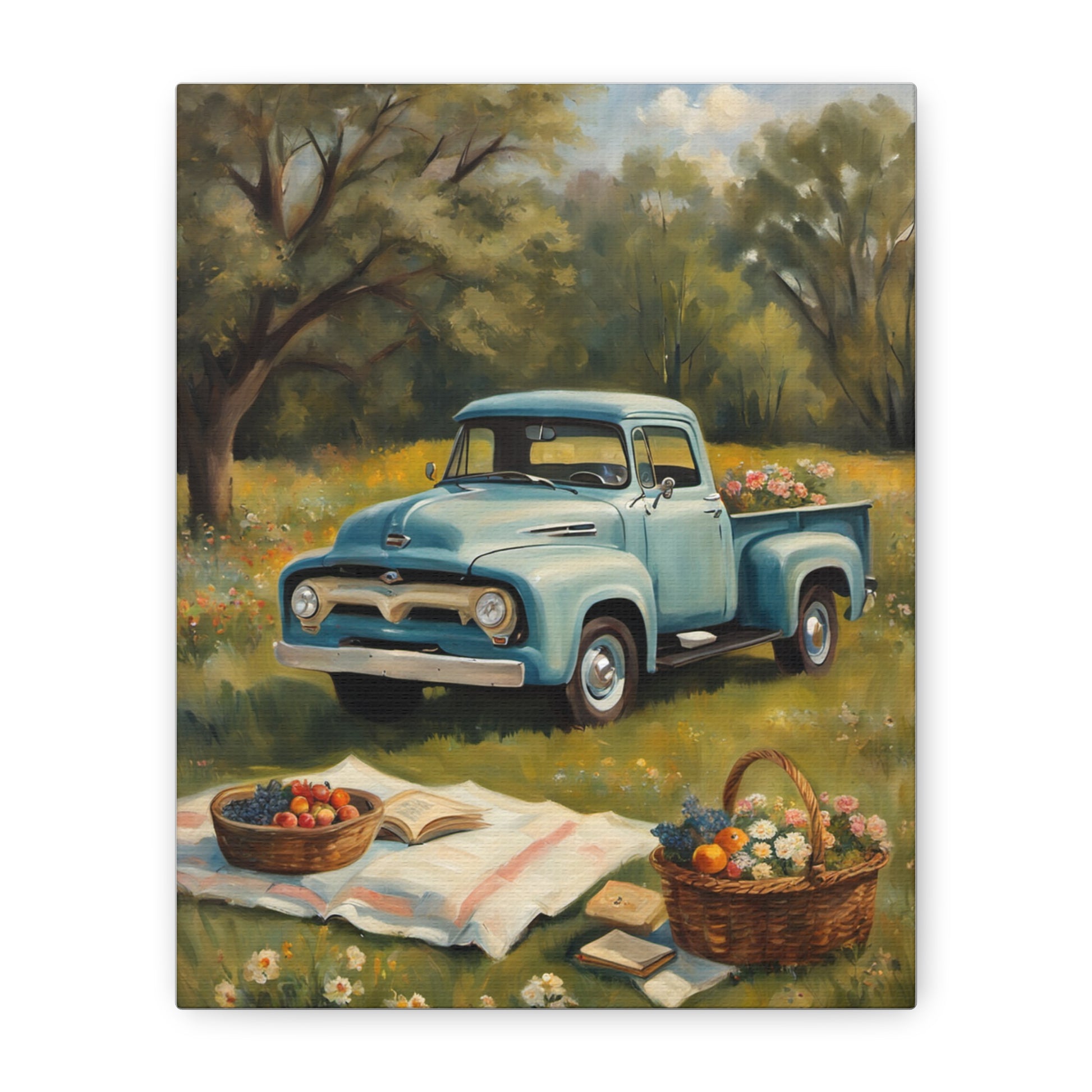 Old Truck Canvas Art Print featuring a vintage blue truck in a scenic field with picnic items