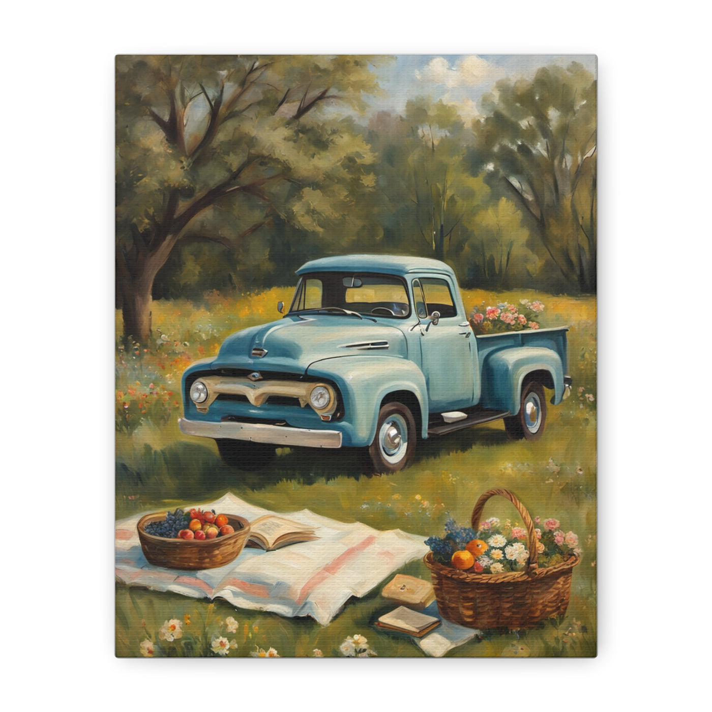 Old Truck Canvas Art Print featuring a vintage blue truck in a scenic field with picnic items