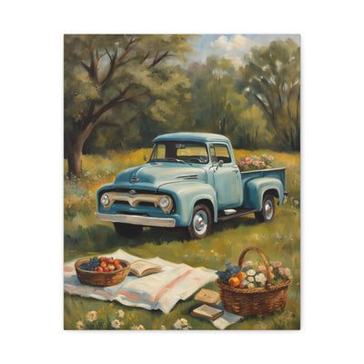 Old Truck Canvas Art Print featuring a classic blue truck in a sunny field with picnic baskets