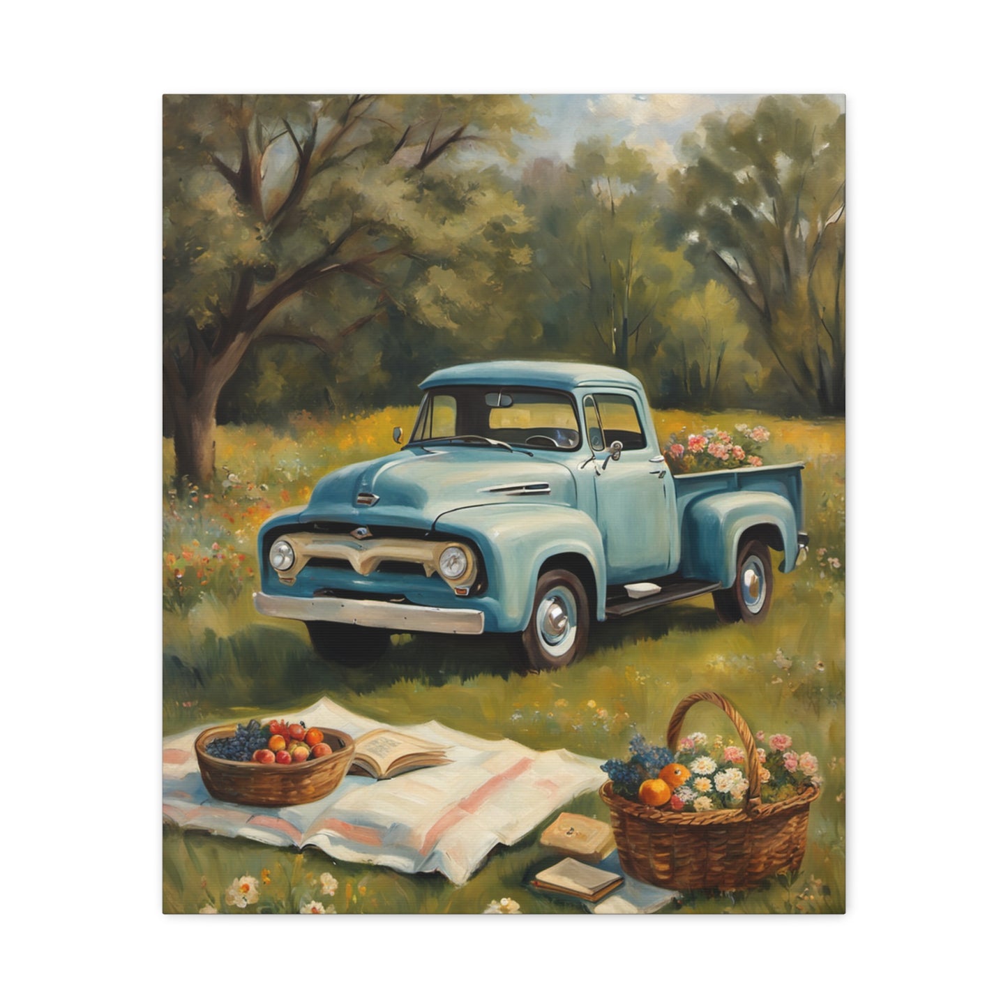 Old Truck Canvas Art Print featuring a blue vintage truck in a scenic field with picnic baskets