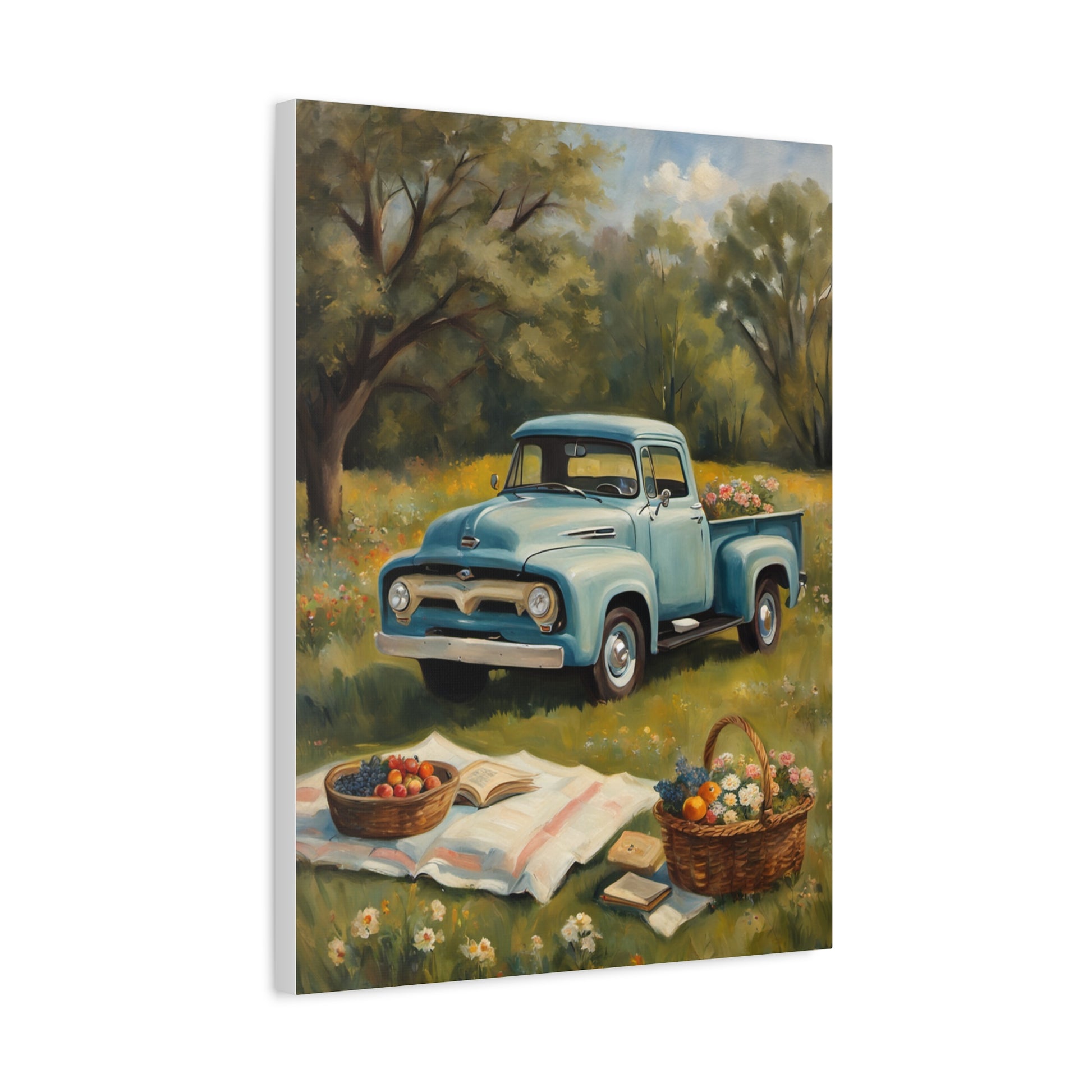 Old Truck Canvas Art Print featuring a vintage blue truck in a sunny field with picnic baskets