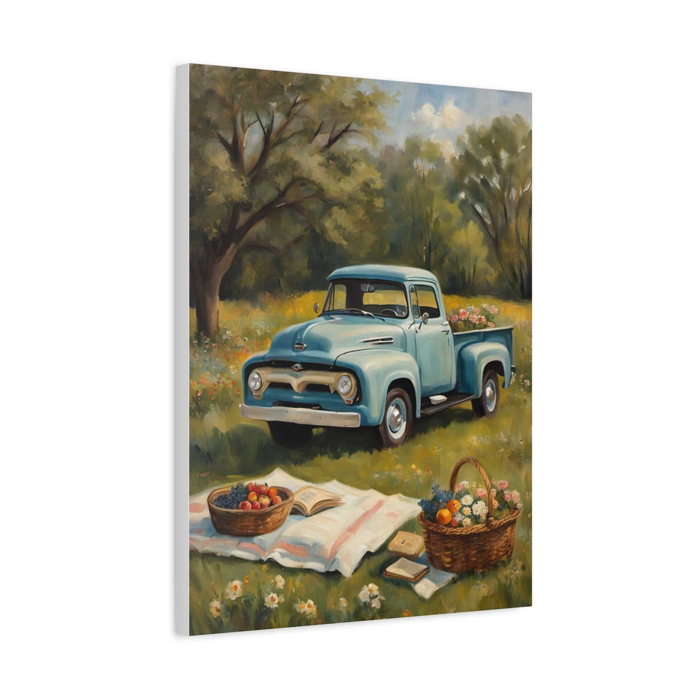 Old Truck Canvas Art Print featuring a vintage blue truck in a sunny field with picnic baskets