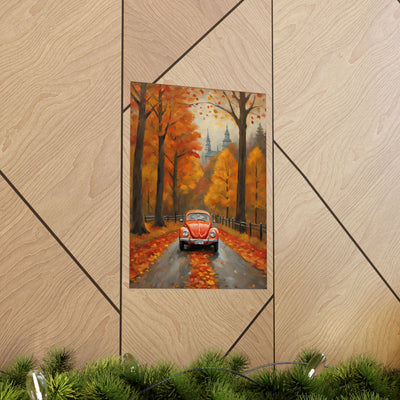 Orange beetle fall decor poster featuring a vibrant autumn scene with orange leaves and a classic car