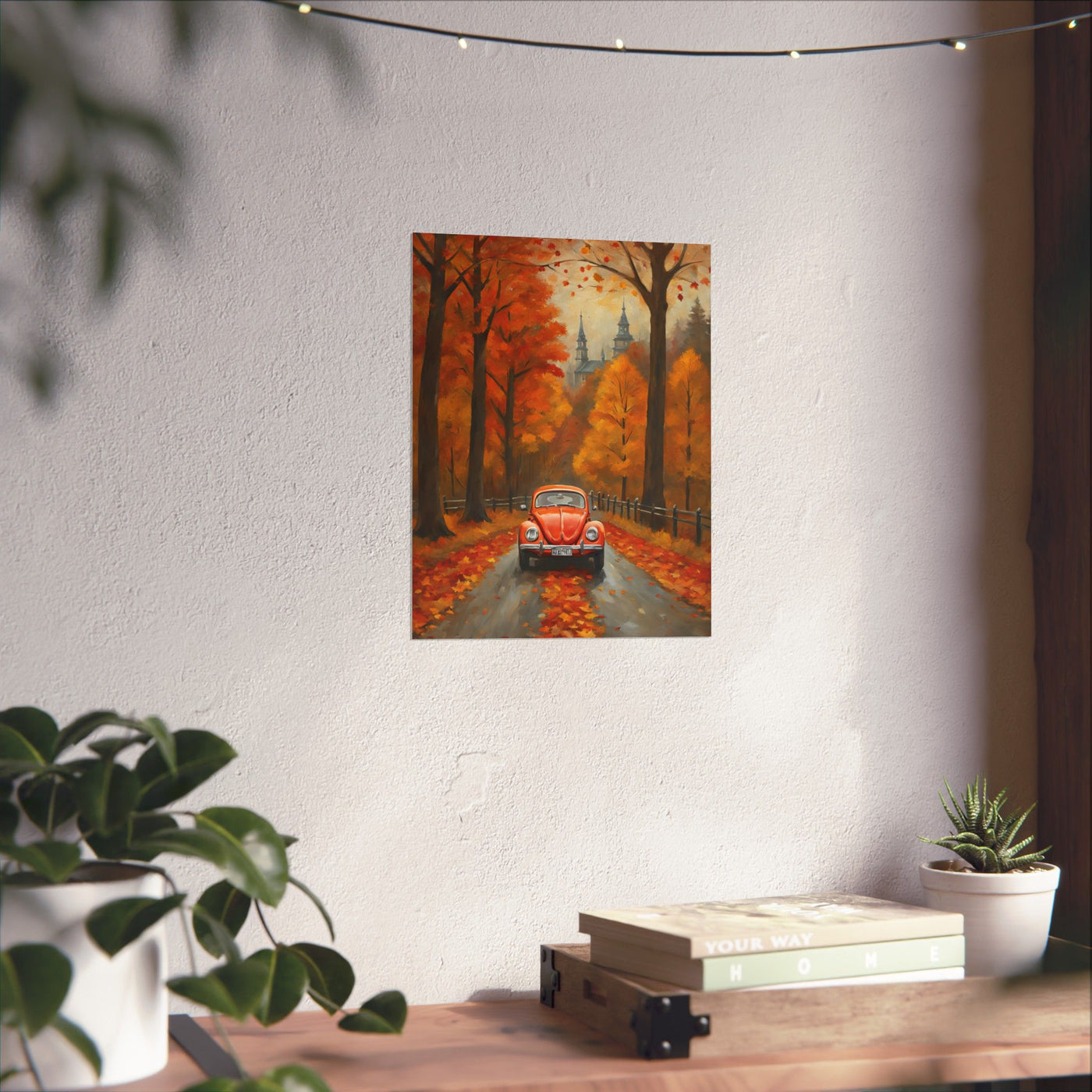 Orange beetle fall decor poster featuring a classic car on a leaf-covered road in autumn colors