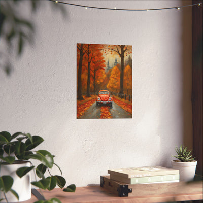 Orange beetle fall decor poster featuring a classic car on a leaf-covered road in autumn colors