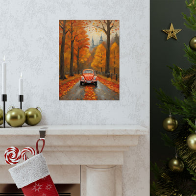 Orange beetle fall decor poster featuring a classic car amidst autumn trees and fallen leaves