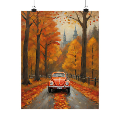 Orange Beetle Fall Decor Featuring a Vintage Car Surrounded by Autumn Trees and Leaves
