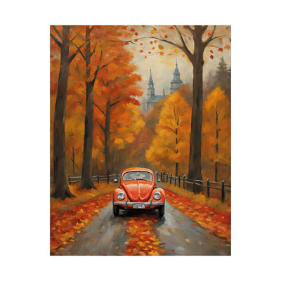 Orange Beetle fall decor poster featuring a vibrant autumn scene with colorful trees and a vintage car