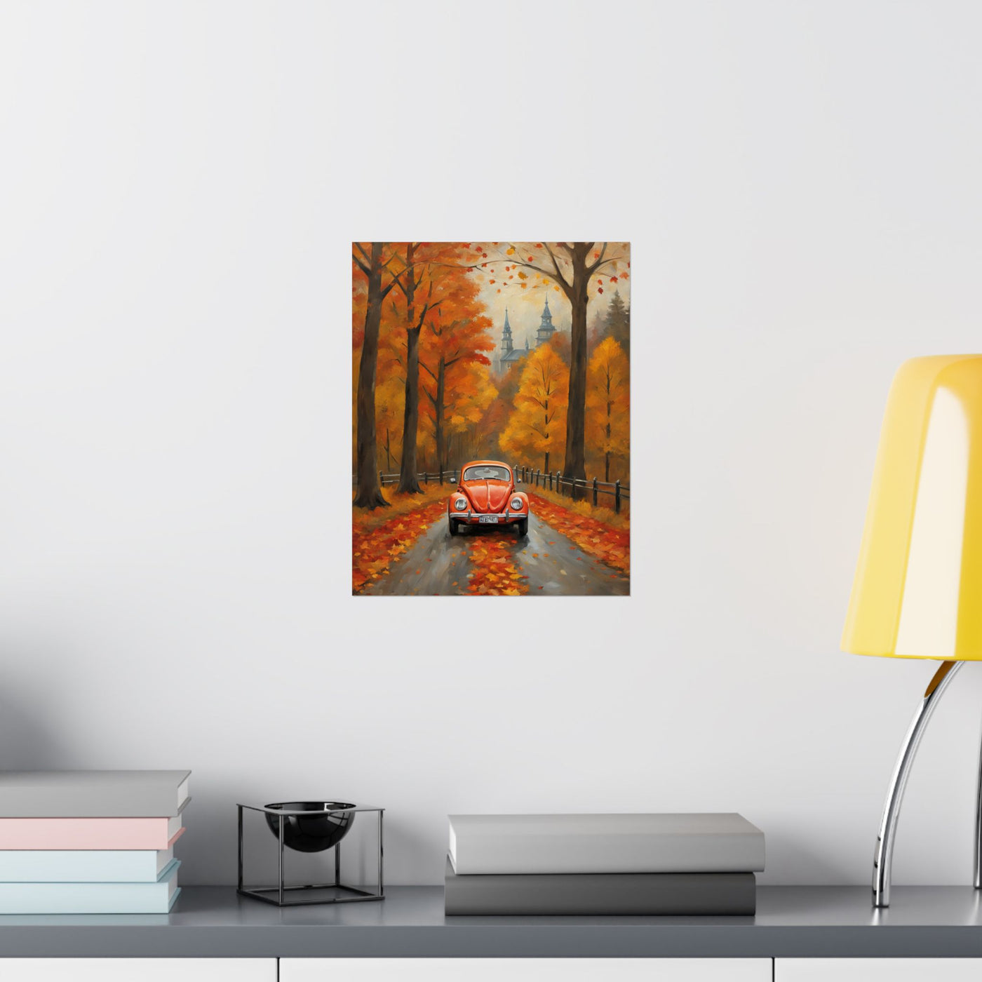 Orange Beetle Fall Decor poster featuring a red car on a leaf-covered road surrounded by autumn trees