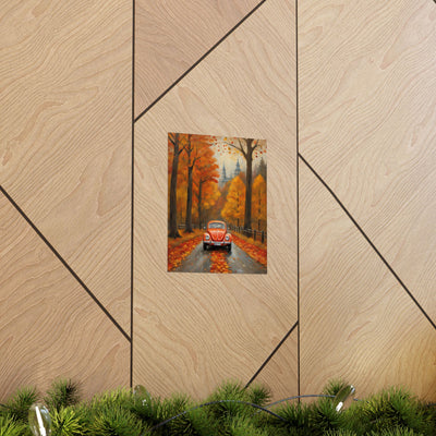 Orange Beetle Fall Decor Poster Featuring Autumn Trees and a Scenic Road