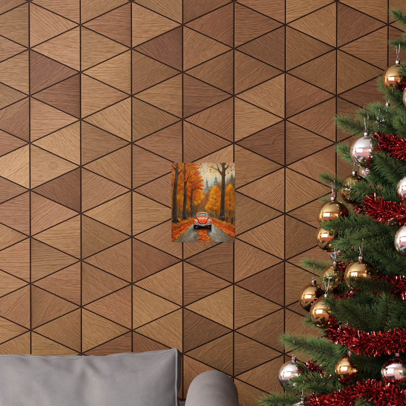 Colorful orange beetle fall decor poster on a geometric wood wall with a Christmas tree