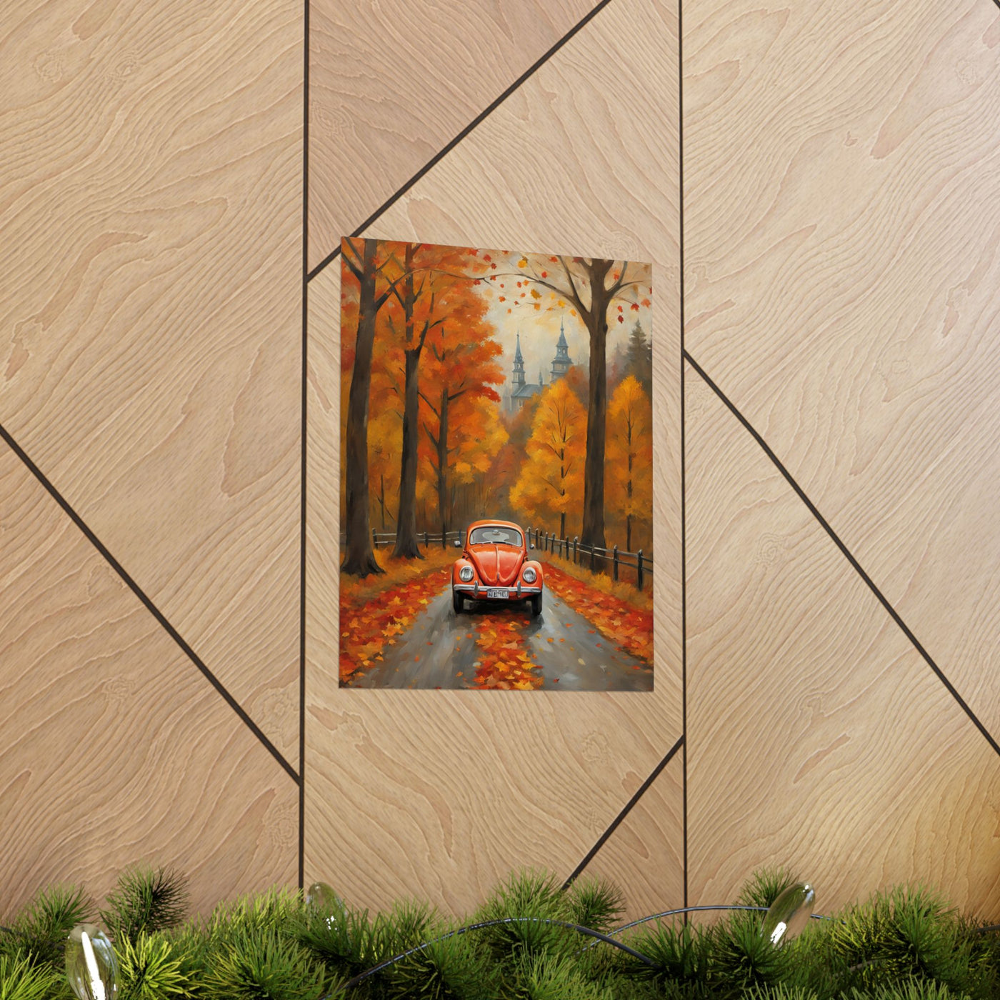 Orange Beetle Fall Decor poster featuring a scenic autumn road with vibrant trees and falling leaves