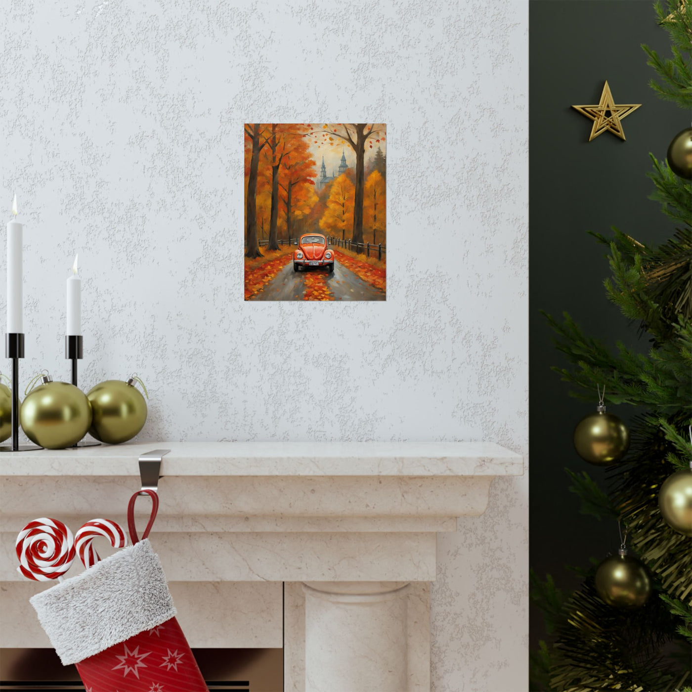 Orange Beetle Fall Decor Poster Featuring a Scenic Autumn Landscape with Trees and Leaves