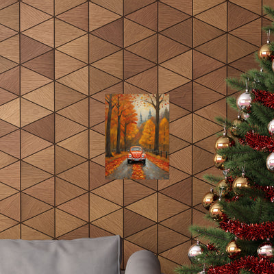 Colorful poster with an orange beetle fall decor on a wooden wall, surrounded by holiday decor