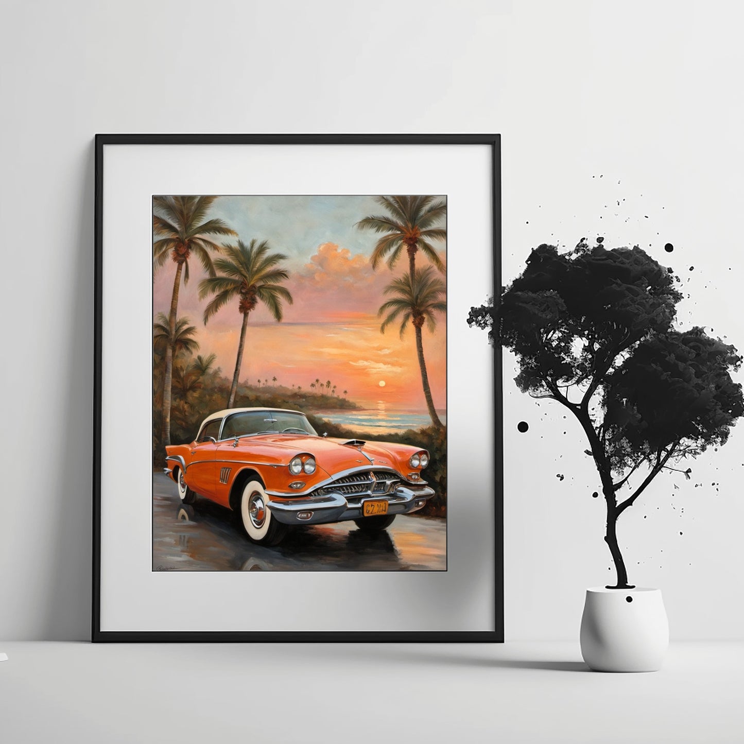 AquilVision digital art of vintage car with palm tree coastal decor at sunset in a black frame
