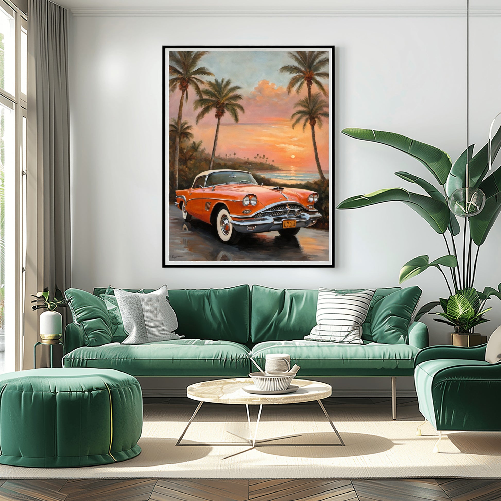 AquilVision digital wall art featuring palm tree coastal decor with a vintage car at sunset above green living room sofa