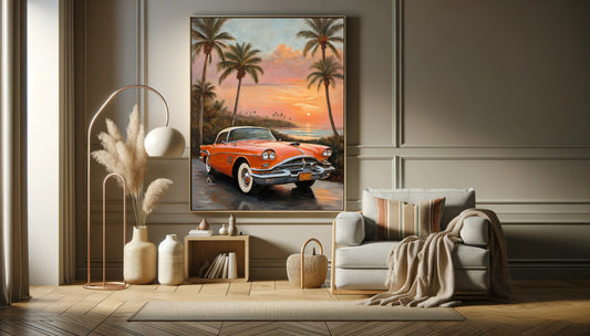 AquilVision digital artwork featuring vintage car and palm tree coastal decor in sunset living room setting