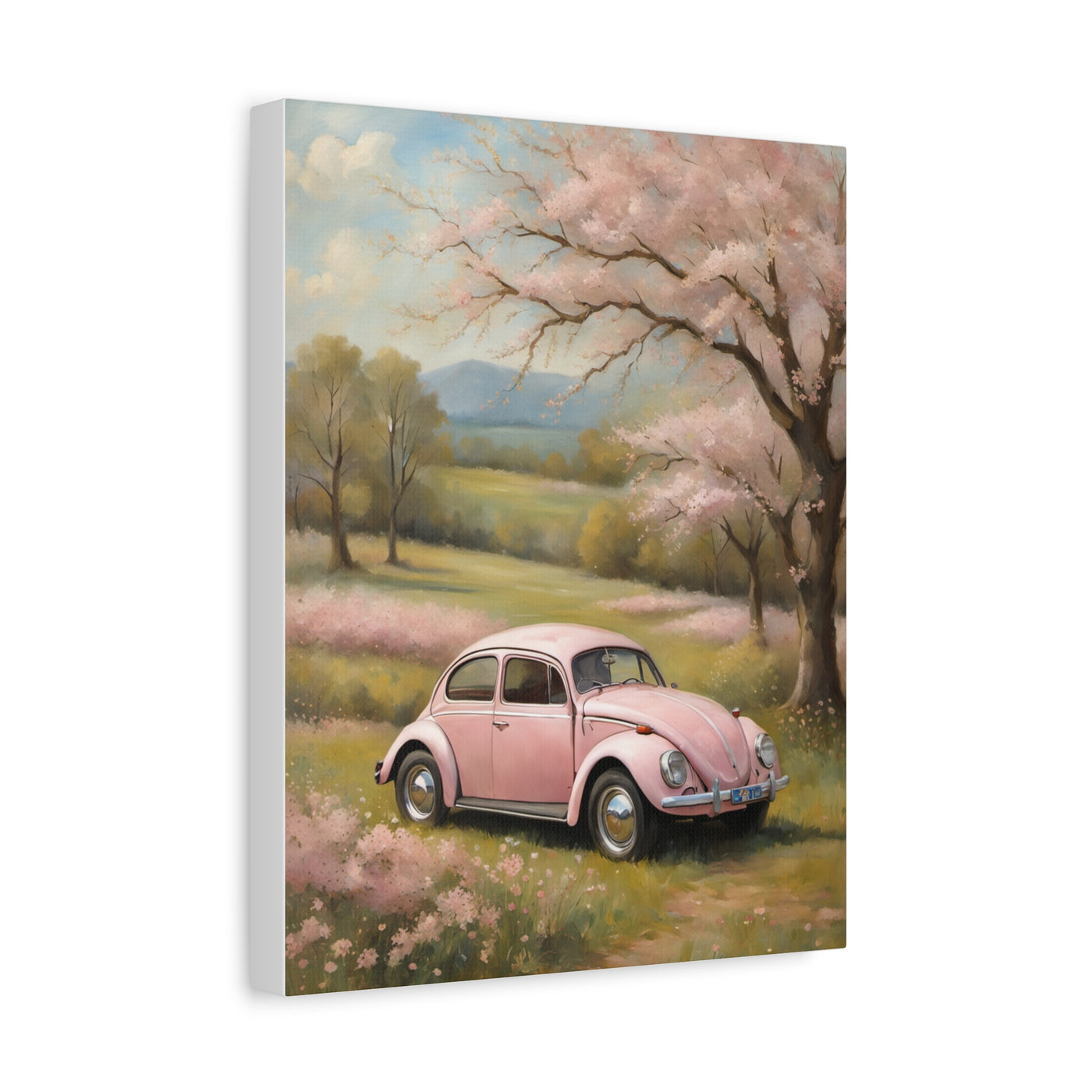 Pink vintage car canvas art featuring a classic car amidst blooming trees in a serene landscape