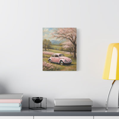 Beautiful pink vintage car canvas art featuring a scenic spring landscape with blooming trees