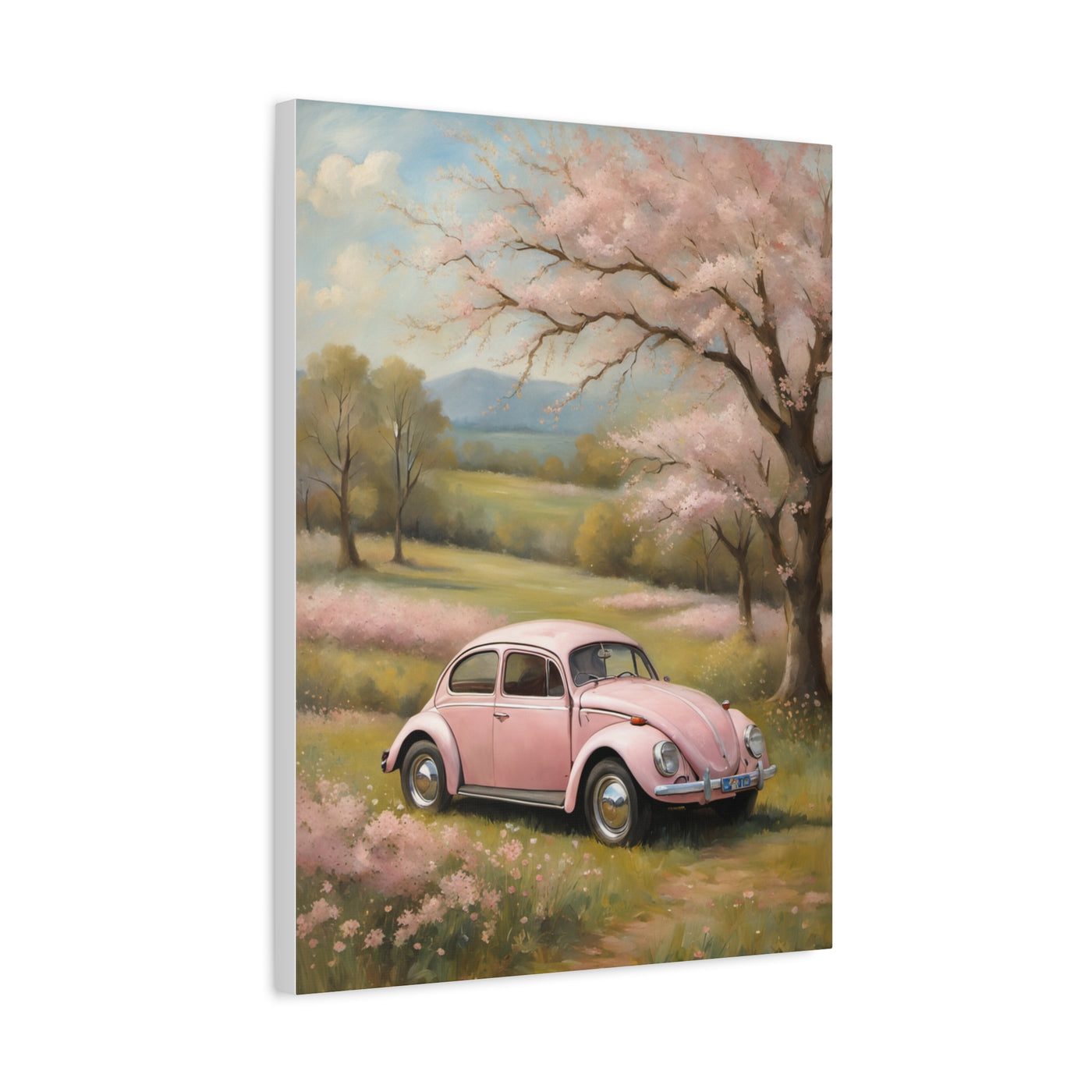 Pink vintage car canvas art featuring a timeless car in a scenic landscape with blooming trees
