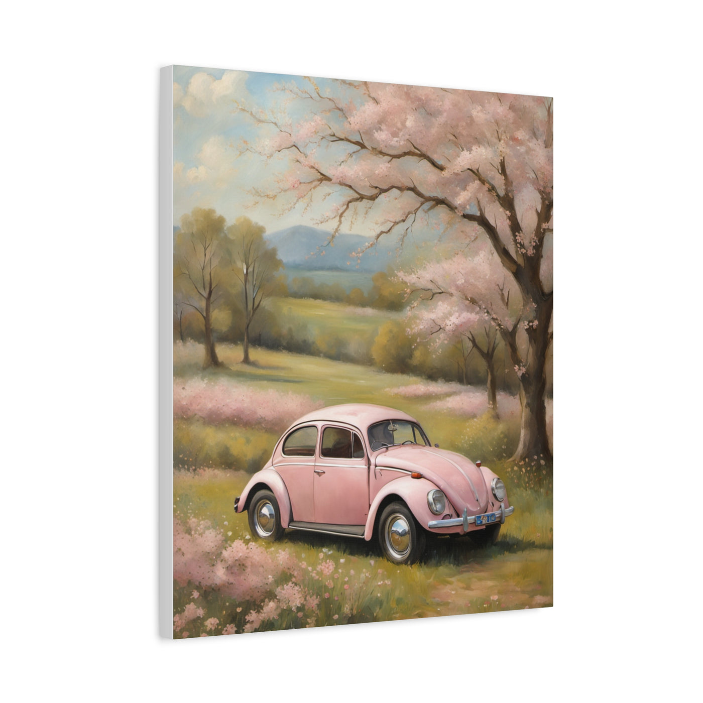 Pink vintage car canvas art featuring a classic car in a scenic landscape with blooming trees