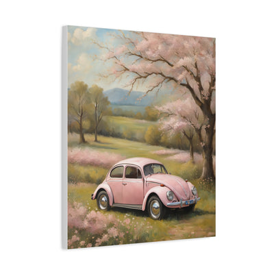 Pink vintage car canvas art featuring a classic car in a scenic landscape with blooming trees