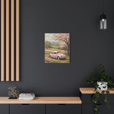 Pink vintage car canvas art featuring a classic car in a serene landscape with trees and flowers