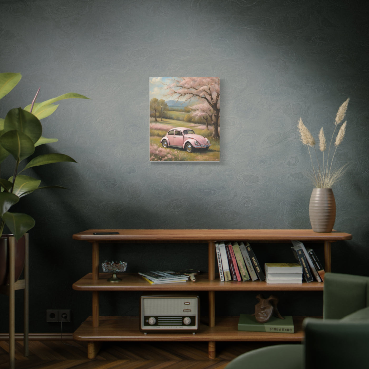 Pink vintage car canvas art featuring a scenic background with trees and a tranquil atmosphere