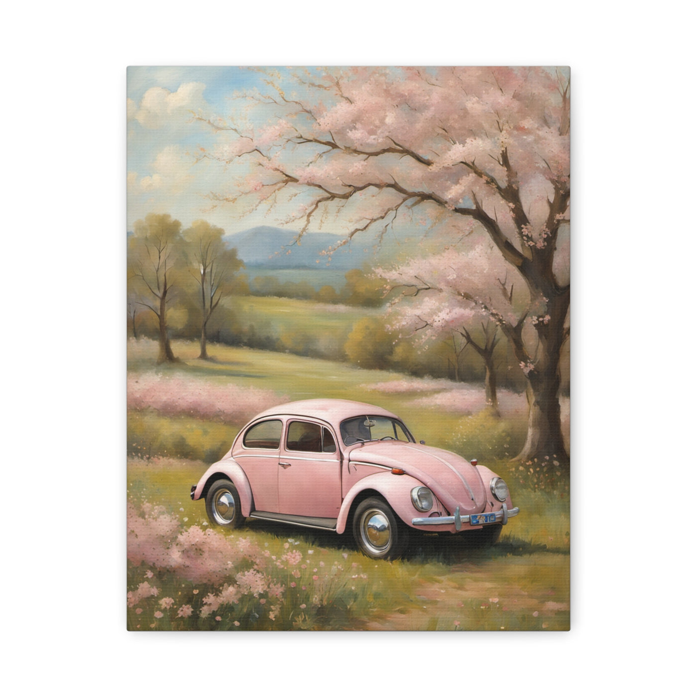 Pink vintage car canvas art featuring a classic car surrounded by blooming trees and a serene landscape