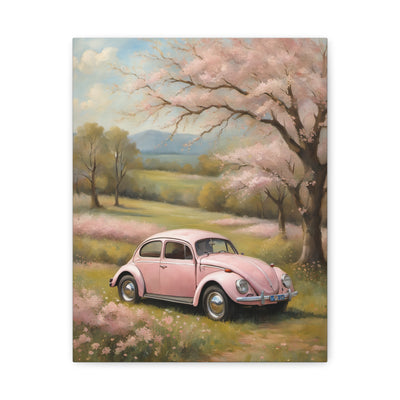 Pink vintage car canvas art featuring a classic car surrounded by blooming trees and a serene landscape