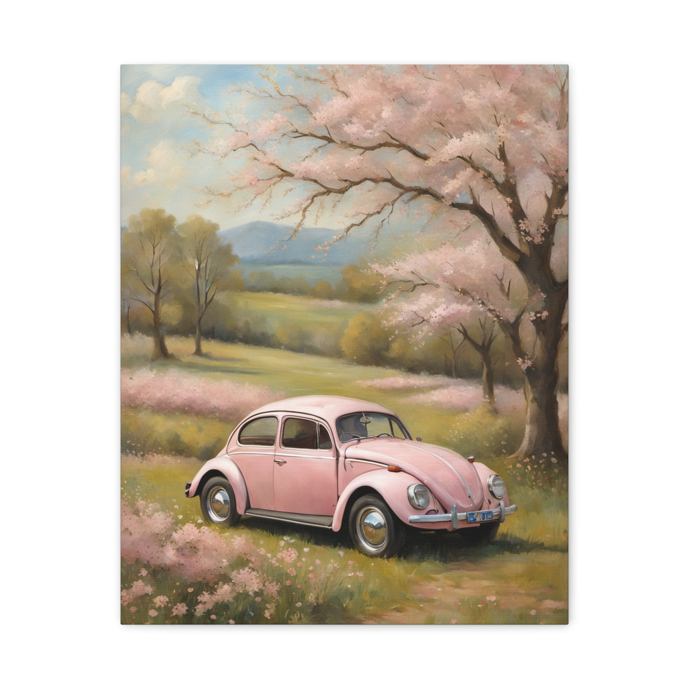 Pink vintage car canvas art featuring a classic car in a flower-filled landscape