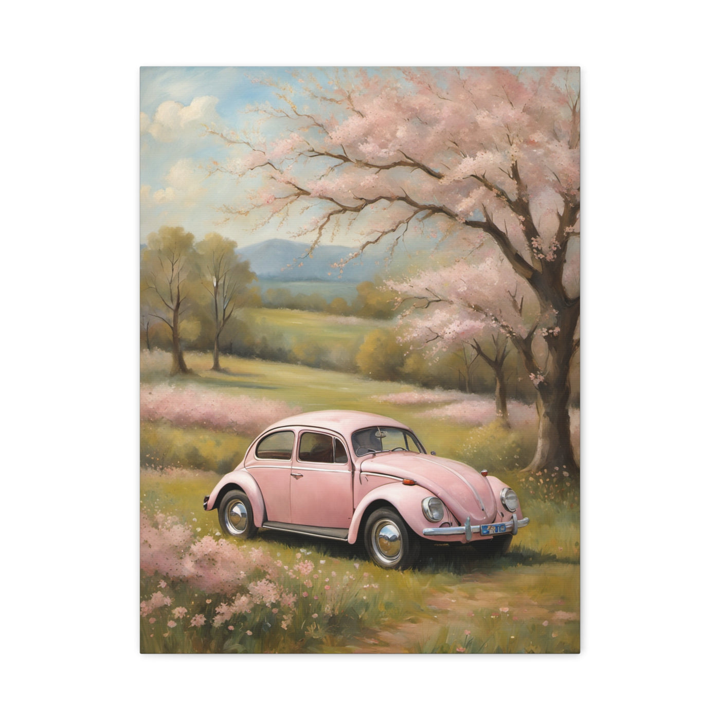 Pink vintage car canvas art featuring a classic car in a scenic floral landscape