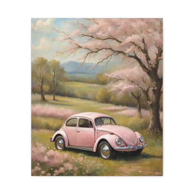 Pink vintage car canvas art depicting a classic car in a scenic landscape with blooming trees