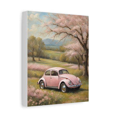 Pink vintage car canvas art featuring a charming pink car in a scenic landscape