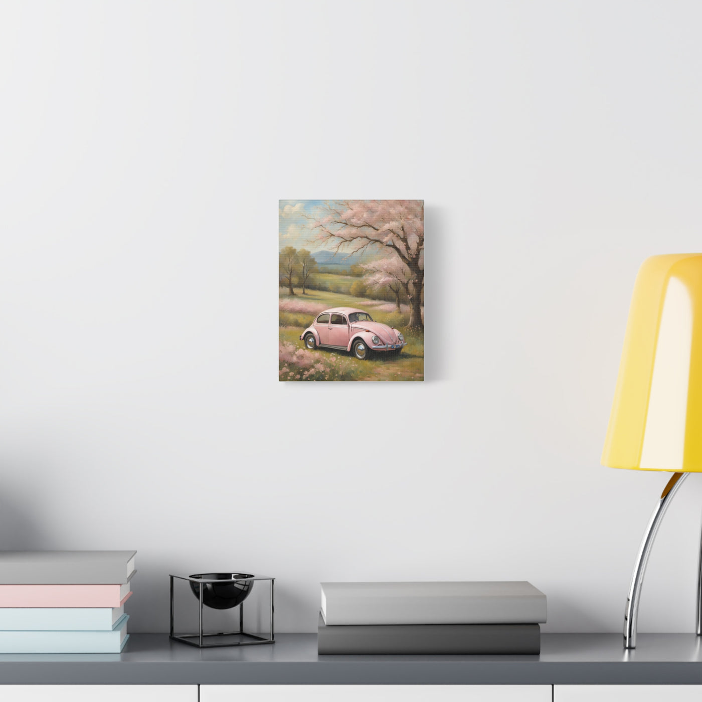 Pink vintage car canvas art featuring a nostalgic car in a scenic landscape with trees and flowers