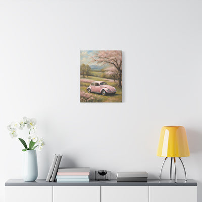 Pink vintage car canvas art featuring a scenic landscape with blooming trees