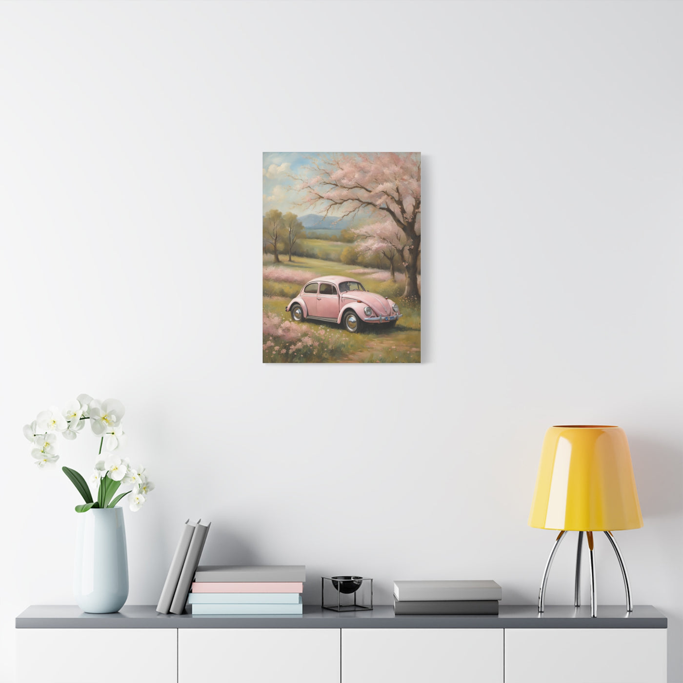 Pink vintage car canvas art featuring a charming landscape with blooming trees