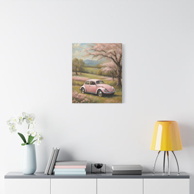 Pink vintage car canvas art featuring a classic car in a scenic landscape with trees and flowers