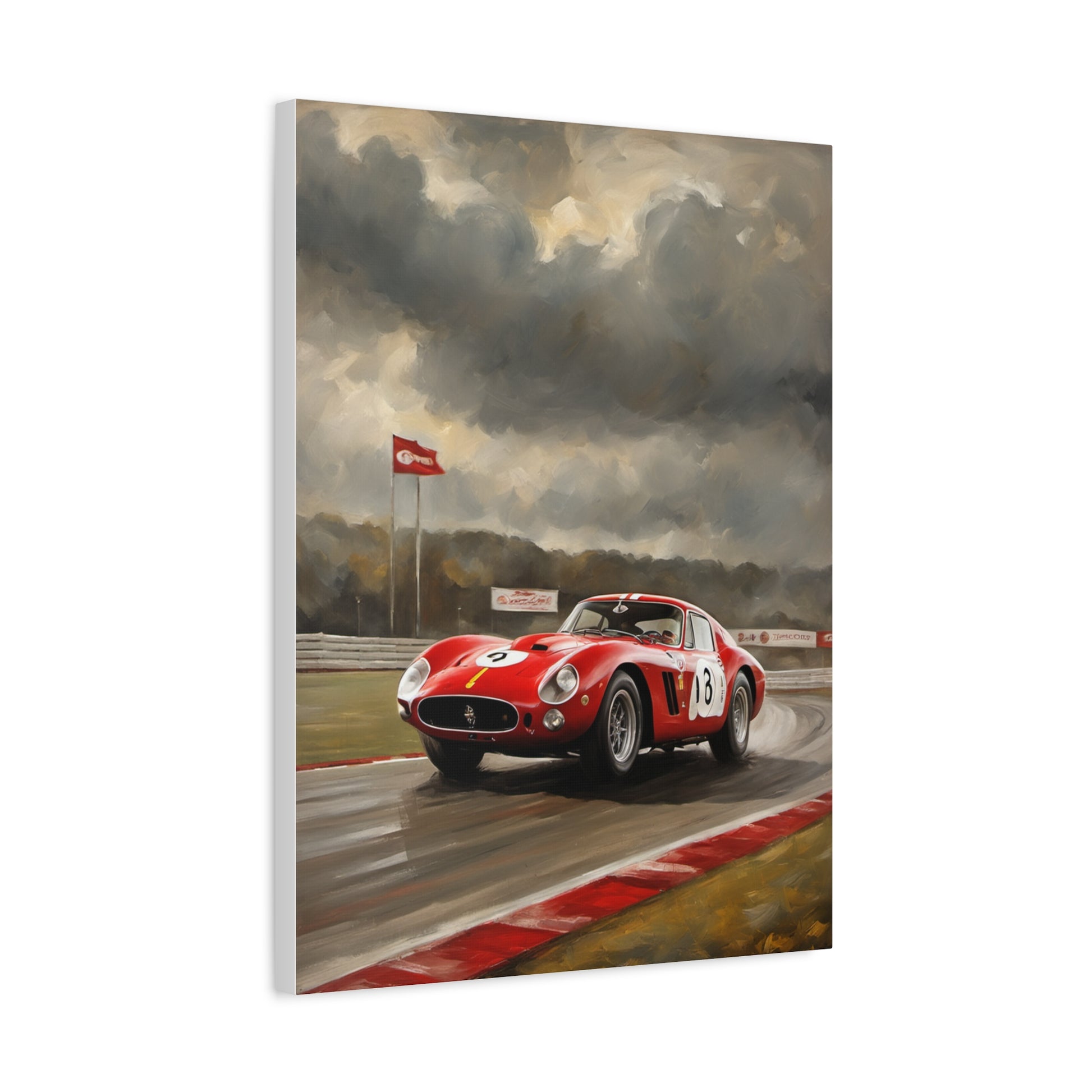 Racing Car Art Print featuring a classic red racing car on a track with a dramatic sky