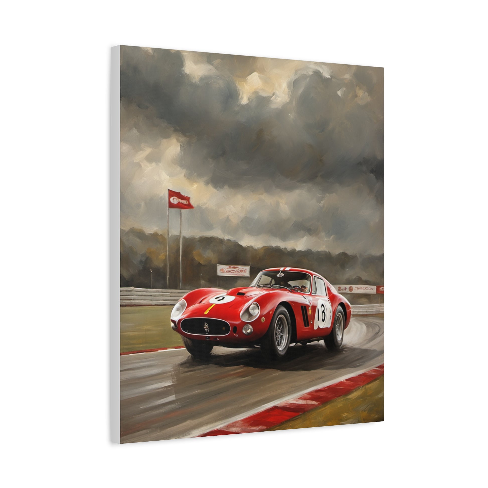 Racing Car Art Print featuring a red sports car on a wet racetrack with dramatic clouds