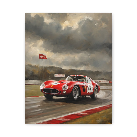 Racing Car Art Print featuring a red vintage car on a wet racetrack under dramatic clouds