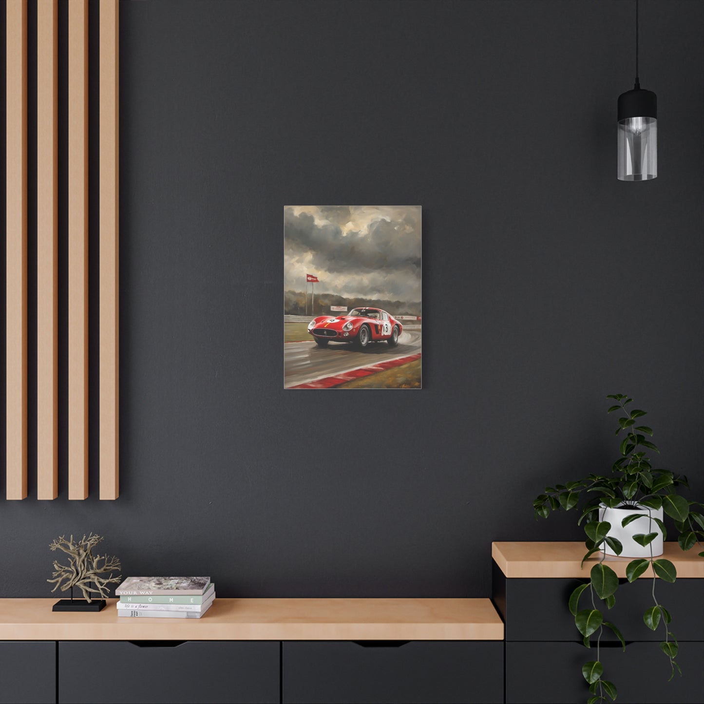 Racing Car Art Print displayed on a modern wall showcasing a red racing car on the track