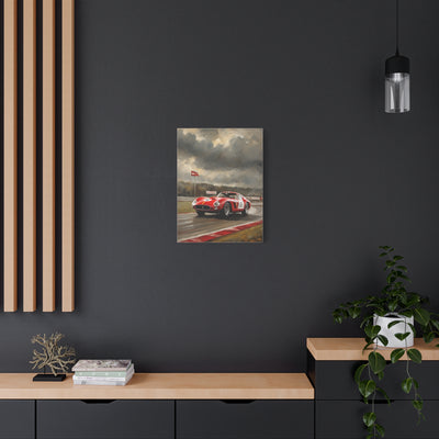 Racing Car Art Print displayed on a modern wall showcasing a red racing car on the track