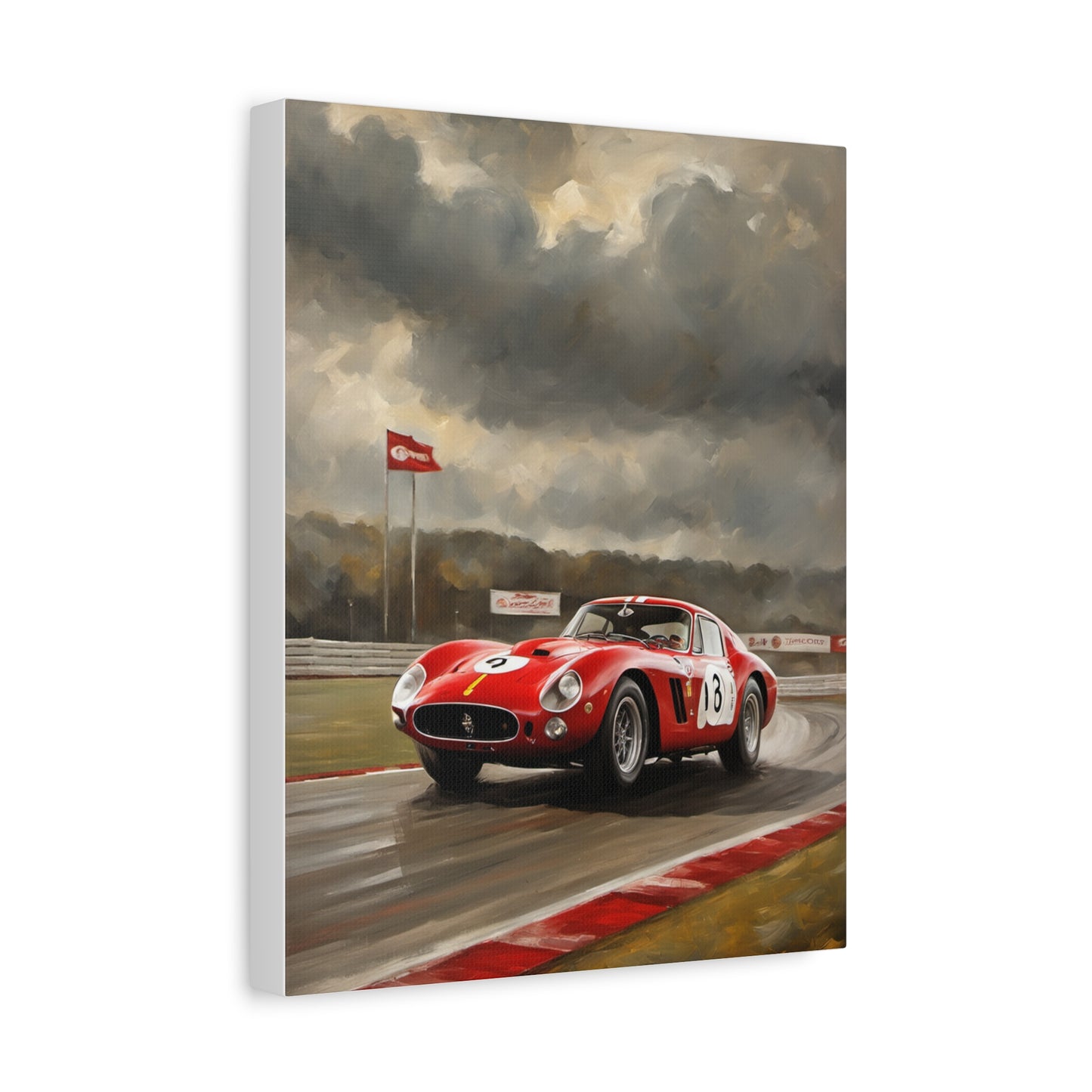Racing Car Art Print featuring a classic red sports car on a racetrack under dramatic clouds
