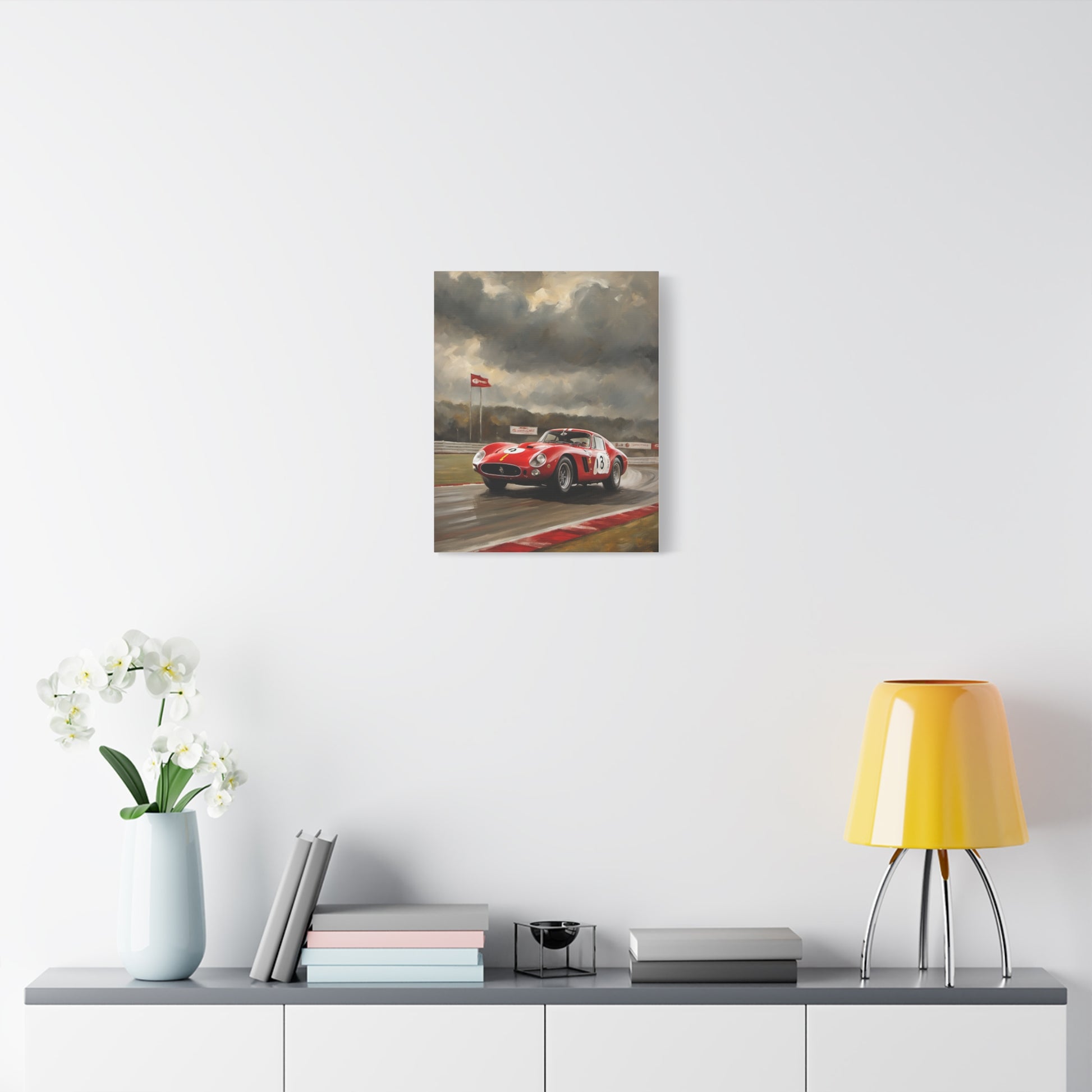 Racing Car Art Print featuring a dynamic race car on a stormy track against a modern decor backdrop