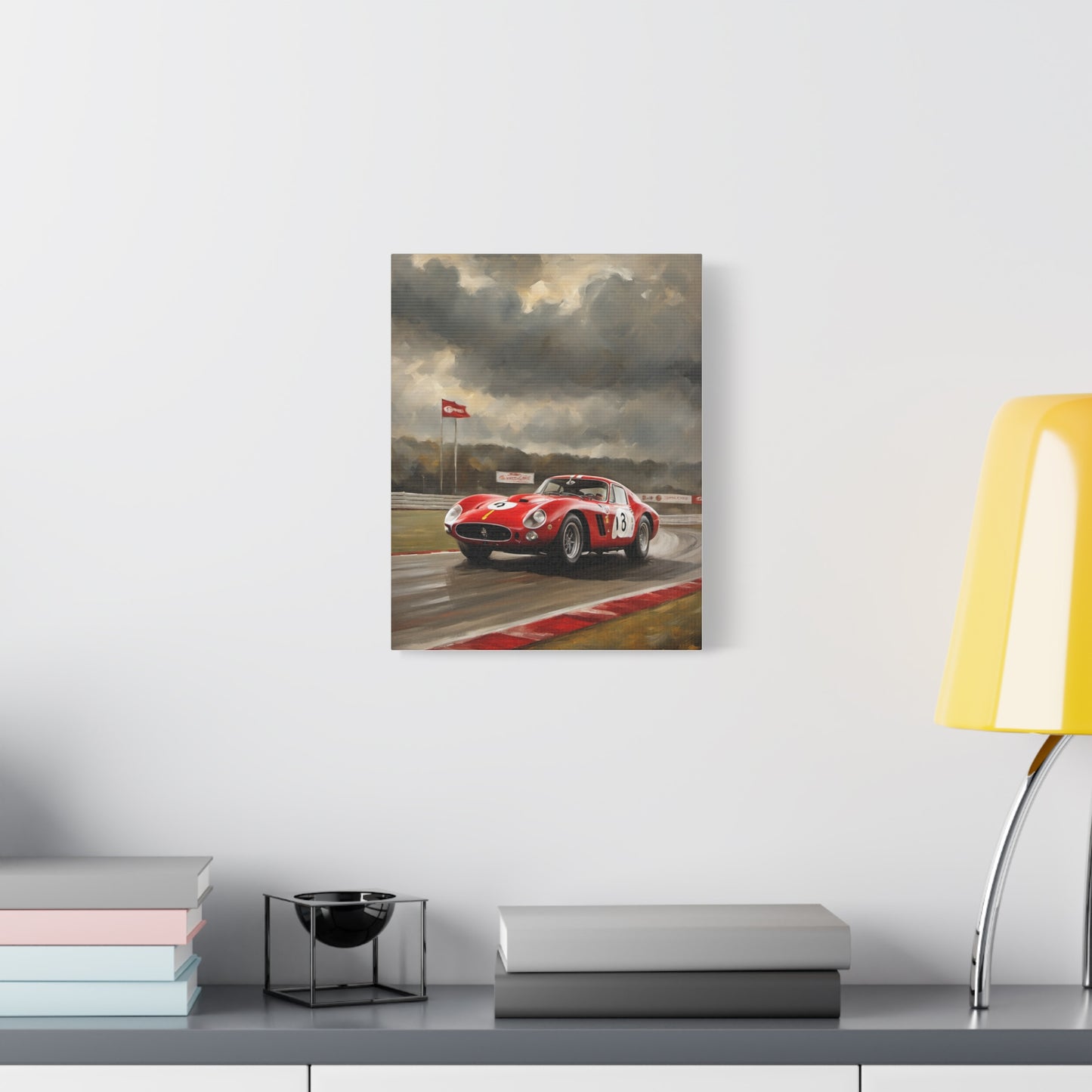 Racing Car Art Print featuring a classic red car on a rainy racetrack in a modern setting